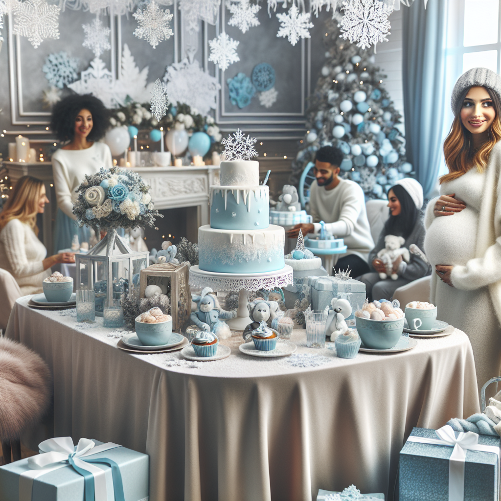 Winter Baby Shower Styles: Effortless & Stunning Options An elegant, cozy, and effortless winter baby shower scene. An indoor room decorated in icy blue and white color scheme, complete with a stunning iced cake on a table, decorated with winter-themed baby items. Snowflakes adorning the room, frosted cupcakes and steaming hot cocoa on a frosty looking tablecloth. Guests, a mix of Caucasian and Black men and women, warmly dressed and participating in baby-related activities. A corner of the room highlights a beautifully decorated mom-to-be chair, with a Middle-Eastern pregnant woman sitting, smiling, surrounded by beautifully wrapped gifts.