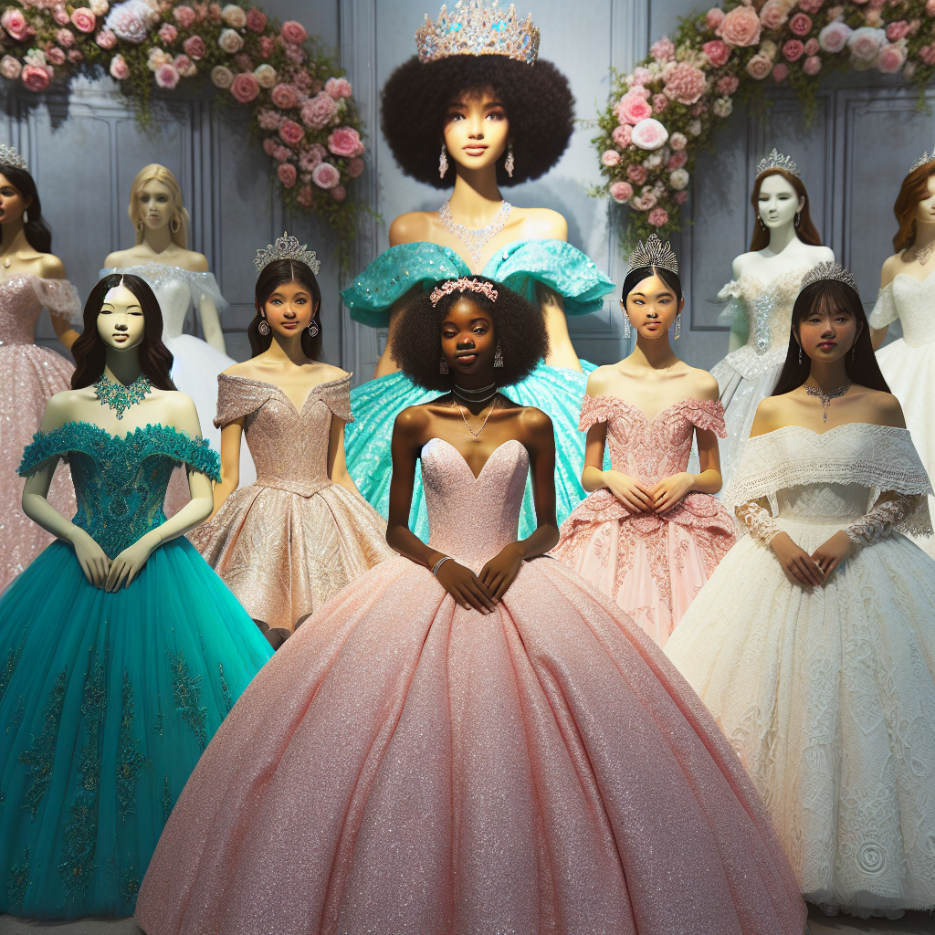 Quinceanera Style Guide: Find Your Stunning Look A beautiful display centering on a classic Quinceanera setting, showcasing a variety of potential looks and styles for the occasion. On the left, a South Asian young woman proudly presents a turquoise dress with exquisite embroidery. In the centre, an African-American girl in a glamorously sequined pink ball gown. To the right, an East Asian girl strikes a pose in a traditionally inspired white lace dress. Each of their looks is completed with matching accessories, from delicate headdresses to elegant gloves, reflecting a blend of modern and traditional influences in Quinceanera fashion.