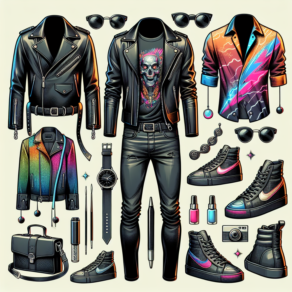 Fashion Guide: Must-Have Looks for Justin Timberlake 2024 Concert! A cutting-edge fashion guide showcasing must-have looks for an unidentified male pop musician's concert in 2024! Show an array of trendy ensembles that are perfect for a spectacular music event. These could include a snazzy leather jacket with neon accents, a vibrant printed shirt paired with skinny jeans, and a sleek all-black outfit with silver accessories. For footwear, fashionable sneakers or classic boots could be illustrated. Remember to capture the energetic and cosmopolitan vibe of music concerts.