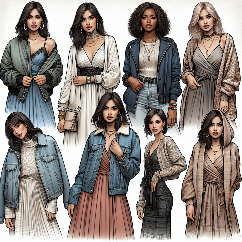 Stunning Styles: What to Wear Over a Halter Neck Dress Create a highly detailed image showcasing a variety of ways to layer clothing over a halter neck dress. The scene should display an array of diverse fashionable women, with each one representing a different style. Illustrate a Caucasian woman in a chic bomber jacket over her dress, a Black woman in a stylish denim jacket, a Hispanic woman with a cozy oversized cardigan, a Middle-Eastern woman with a sleek blazer, and a South Asian woman donned in a vintage jean jacket. Compile these images into one comprehensive collage that explores different ways of wearing a halter dress.