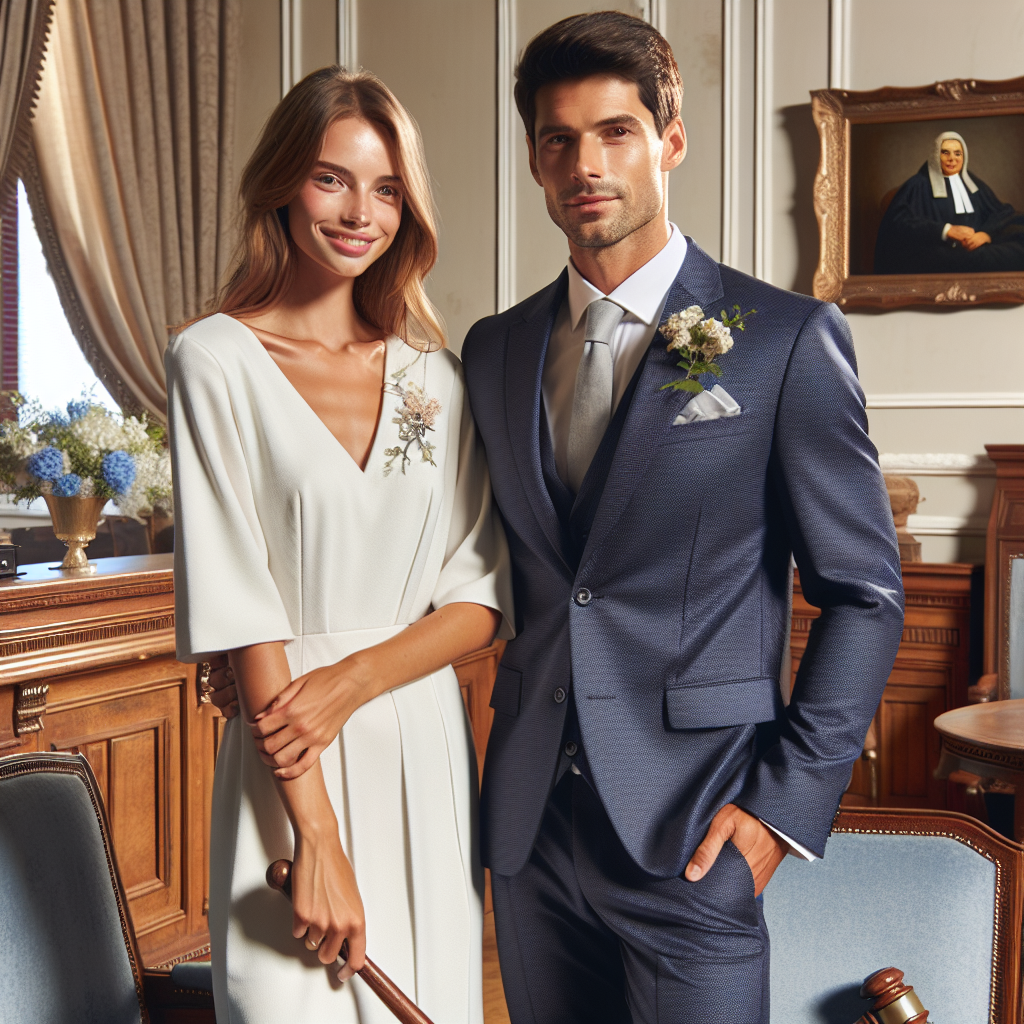 Exclusive Guide: What to Wear for a Court Wedding An elegant Caucasian woman and a Hispanic man, both in late 30s, standing together. The woman is wearing a stylish knee-length white dress with a small floral brooch at the chest, while the man is in a navy blue suit and a light grey tie. They both have confident smiles on their faces. In the background, a tastefully decorated room signifying a courthouse wedding with vintage wooden furniture, royal graduation of blue and white to note the noble, solemn ambience of a court wedding. A large wooden judge's gavel rests on a side table.