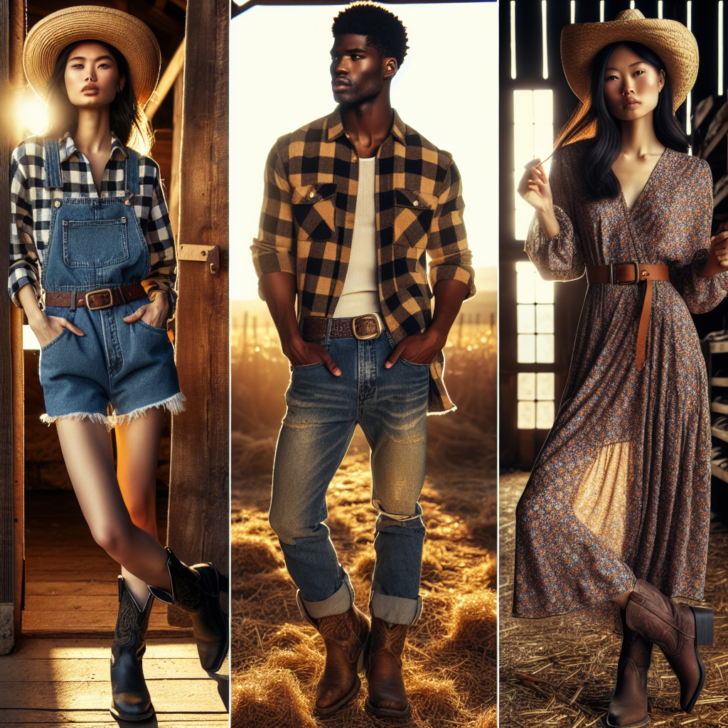 An image showcasing three different trendy and effortless outfits suitable for country concerts. The first outfit is on a Middle-Eastern woman who exhibits a modern twist on the classic cowboy look, including a cute denim overall and checkered shirt combination paired with a leather belt. The second outfit is embraced by a Black man, featuring a trendy plaid shirt, rustic jeans, and worn-out cowboy boots. The third is presented by an Asian woman in a flowy paisley print dress paired with a straw cowboy hat. All three are standing casually in a rustic barn setting lit by warm, golden sunlight.
