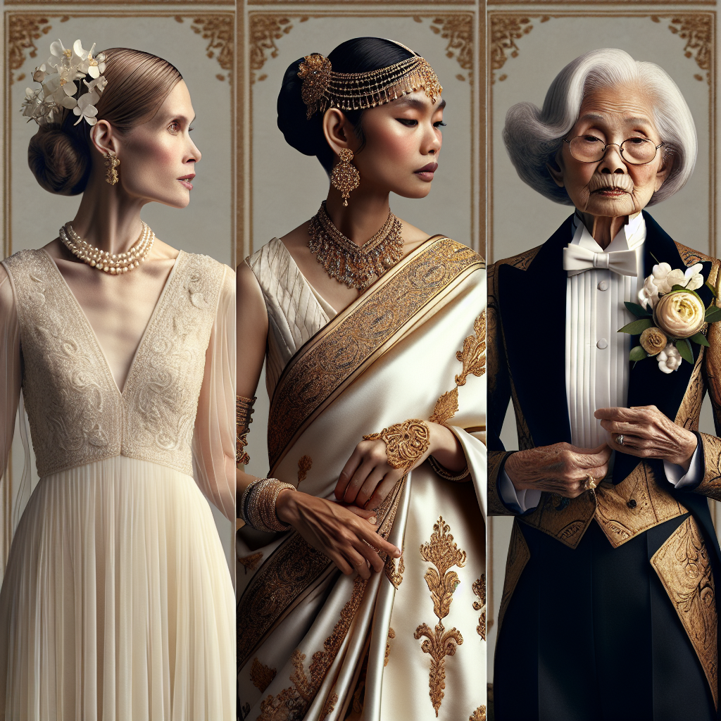 Stunning Wedding Styles for Grandmothers: Effortless Elegance An artistic display of three different wedding styles for grandmothers, projecting effortless elegance. One style showcases a traditional ivory chiffon dress, with a gentle V neckline, draped with an exquisite pearl necklace. Another style features a black Asian elderly woman in an elegant silk sari with elaborate gold embroidery, complemented with an ornate jeweled headpiece. The third style displays a Hispanic grandmother adorned in a classically tailored tuxedo with a floral corsage at the lapel, exuding a certain charm. Each grandmother carries an air of dignity and grace.
