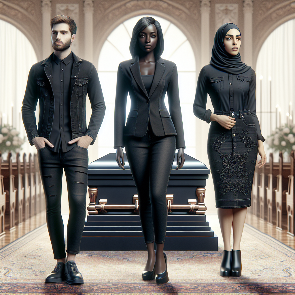 Stunning Funeral Attire: What To Wear With Denim Create an image that vividly illustrates the concept of an innovative solution to funeral attire. Opt for a scene where three individuals are demonstrating their unique, respectful styles of dress for a funeral occasion. The central character is a black woman in her mid-thirties, dressed in a tailored black denim blazer. To her right, a Caucasian man in his twenties has chosen a slim-fit black denim shirt, paired with polished leather shoes. On the opposite side, a middle-eastern woman of around forty is displaying finesse in a knee-length black denim skirt with matching accessories. The background should exhibit a solemn ambiance, capturing the funeral atmosphere effectively.