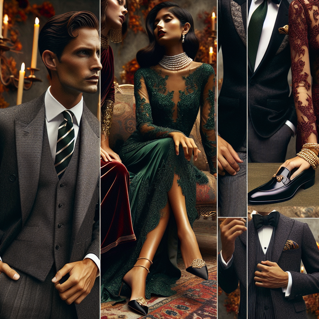 What to Wear for a November Wedding: Stunning Choices Envision a gently lit scene of a November wedding, teeming with elegantly dressed guests. First, capture a black-tie dressed, Caucasian man oozing confidence in a charcoal grey, well-tailored suit, striped tie, and polished loafers. On his arm, a South Asian woman glows in an emerald green, long-sleeved, lace-adorned gown, pearls glistening at her collarbone. Nearby, a Middle Eastern woman dazzles in a sophisticated, deep red velvet dress paired with golden accessories. Lastly, a Hispanic man complements the autumn milieu in a dark navy, tastefully fitting suit paired with a vintage silk pocket square. The flamboyant colors, rich fabrics, and intricate details express the essence of November weddings.