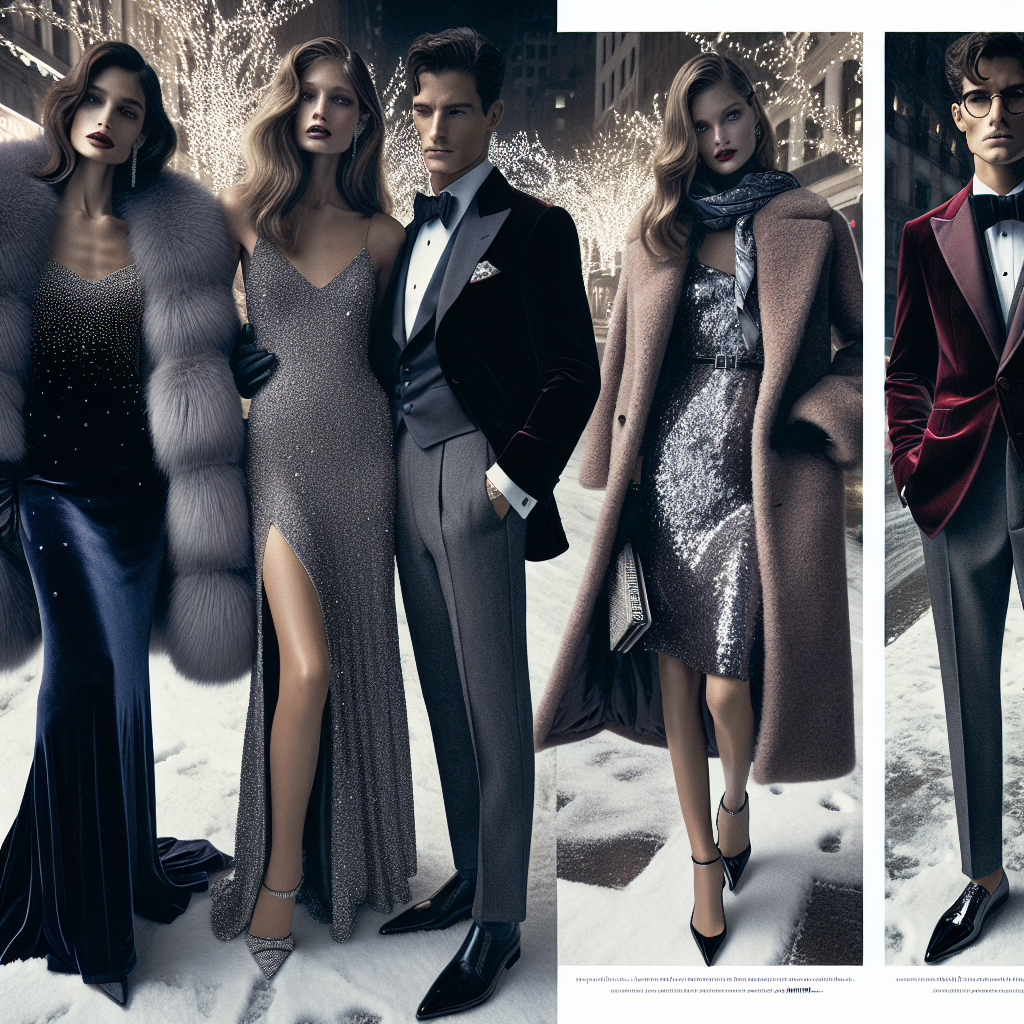 Winter Formal Style: Stunning Outfits to Shine A fashion magazine spread showcasing winter formal style. The first woman, of Hispanic descent, is wearing a stunning navy velvet gown with crystal embellishments, paired with a faux fur stole. The second woman, of Caucasian descent, is dressed in a silver sequin cocktail dress with a sophisticated woolen coat draped over her shoulders. Finally, a man, of South Asian descent, is wearing a classic burgundy tuxedo with a silk scarf and black patent leather shoes. The backdrop is a snow-covered street lit with Christmas lights, heightening the festive winter mood.