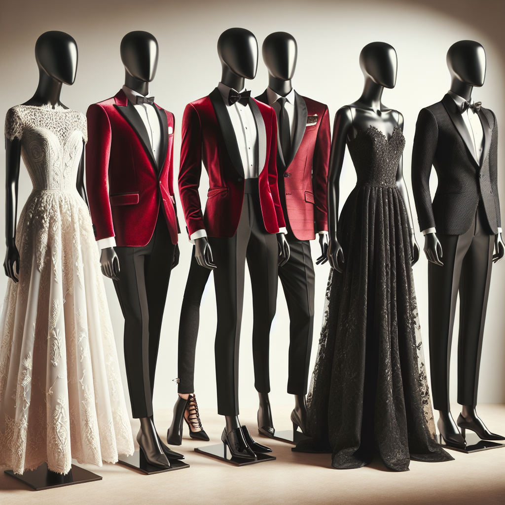 Stunning Outfits for House Cocktail Parties: Effortless Style Showcase a range of five different elegant cocktail party outfits displayed on mannequins. Each outfit should possess finesse and style that is unique. From left to right: the first outfit is an elegant white lace dress on a Middle Eastern female mannequin; the second outfit is a red velvet blazer paired with black trousers on an Asian male mannequin; the third outfit showcases a stylish jumpsuit on a Black female mannequin; the fourth consists of a well-tailored suit on a Hispanic male mannequin; the final outfit is a sophisticated black gown on a Caucasian female mannequin.
