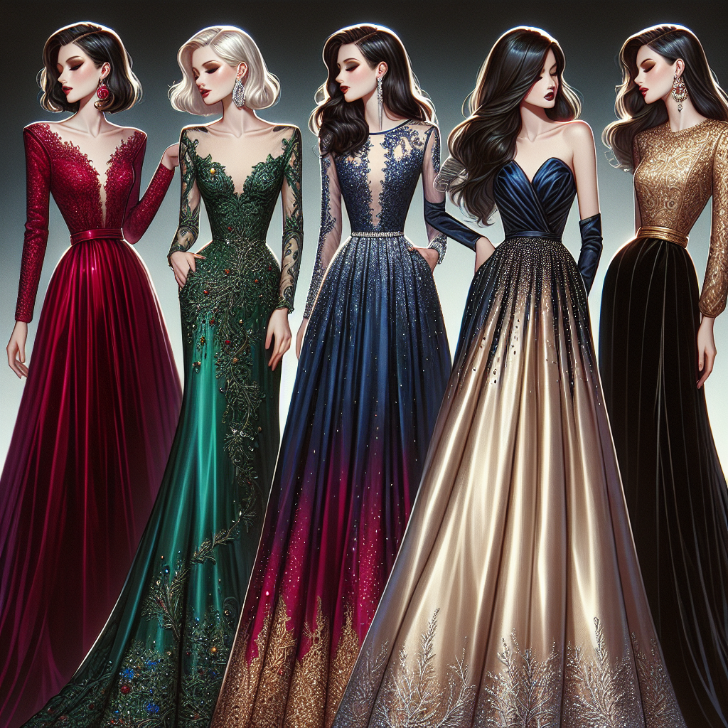 Stunning Outfits for Presidential Inauguration: Effortless Elegance A collection of five stunning evening gowns, each carefully designed for a high-profile event. These include a crimson velvet gown with a high-collar and long trailing skirt; an emerald satin dress with an intricately woven lace bodice; a regal dark blue gown sprinkled with sparkling gems evoking a starry night; a golden silk dress adorned with delicate pearls, and a classic black velvet dress with silver embroidery along the bodice. Each dress signifies effortless elegance and power. Inclusion of a variety of models of different descents and genders, wearing these gowns, to signify diversity.