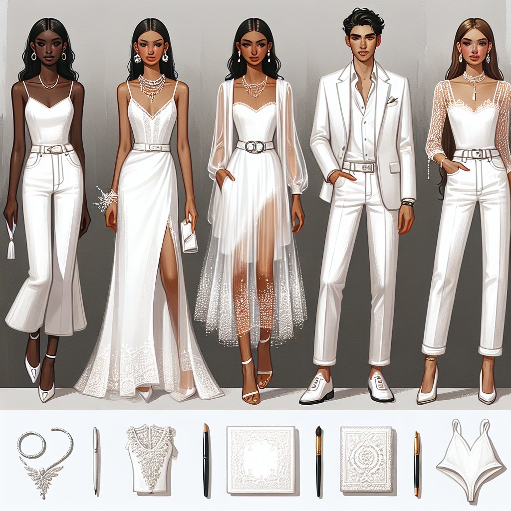 Stunning Outfits for White Parties: Effortlessly Chic Design an image showcasing a range of effortlessly chic outfits perfect for a white party. The collection should feature various styles like an elegant white evening gown with intricate beadwork, a stylish white suit with slim fit trousers, and a trendy white jumpsuit with a belted waist. Include accessories such as a simple pearl necklace, a flashy diamond brooch, and a delicate lace handkerchief. Set the outfits against a minimalist backdrop to make the clothes stand out. Inclusion of a range of individuals from diverse descents like Hispanic, Middle-Eastern, and South Asian, both male and female, wearing the outfits is preferred.