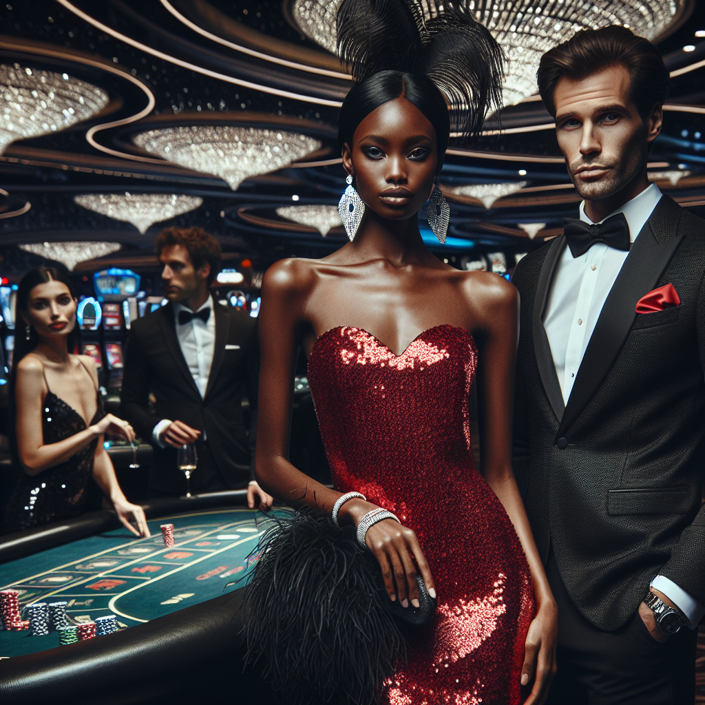 Casino Night Style: Stunning, Effortless Outfits Revealed An elegant and bustling casino scene during nighttime. There are three people in the foreground of the image, all stunningly dressed for a night of gaming and socializing. The first person is a Black woman dressed in a glamorous red sequin dress, paired with glinting diamond accessories. The second person is a White man dressed in a perfectly tailored black tuxedo, a symbol of timeless fashion. The third person is a South Asian woman, who is sporting a chic black dress, combined with plumes of feathers adding drama to her attire.