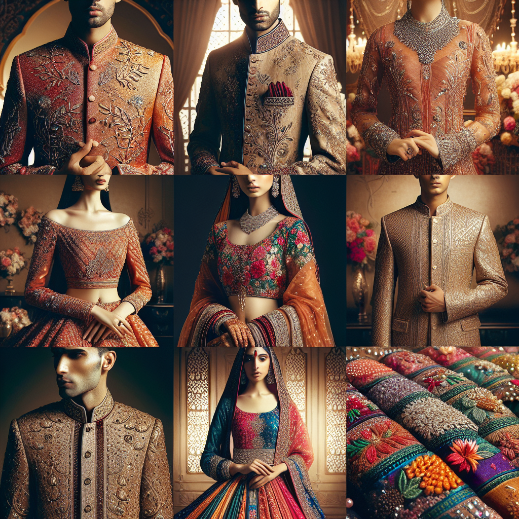 Imagine an assortment of detailed and vibrant wedding outfits originating from Pakistan. Focus on variety, displaying a range of styles preferred for such momentous occasions. Concentrate on the intricate embroidery often found in traditional attire, the rich and varied color palettes, and the incorporation of luxurious fabrics such as silk and satin. Make sure to showcase diversity and inclusivity; include a South Asian man presenting a sherwani adorned with delicate gold threadwork, and a South Asian woman elegantly attired in a richly colored lengha choli detailed with stunning beadwork and sequins.