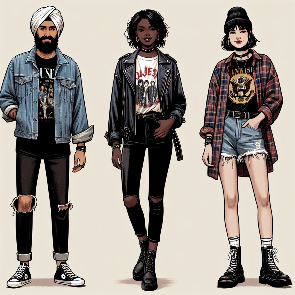What to Wear to a Coldplay Concert: Must-See Outfits! Create an image collage of three diverse concert-goers dressed for a popular alternative rock band's concert. The first person, a Middle-Eastern male, is seen in a denim jacket layered over a band t-shirt, black jeans, and classic white sneakers. The second person, a Black female, wears a stylish leather jacket, a distressed band tee, ripped black skinny jeans, and ankle boots. The third person, a Caucasian non-binary individual, is sporting a grunge-style plaid shirt over a vintage band tee, distressed denim shorts, combat boots, and a beanie. Remember to echo the energy and vibes of an alternative rock concert atmosphere.