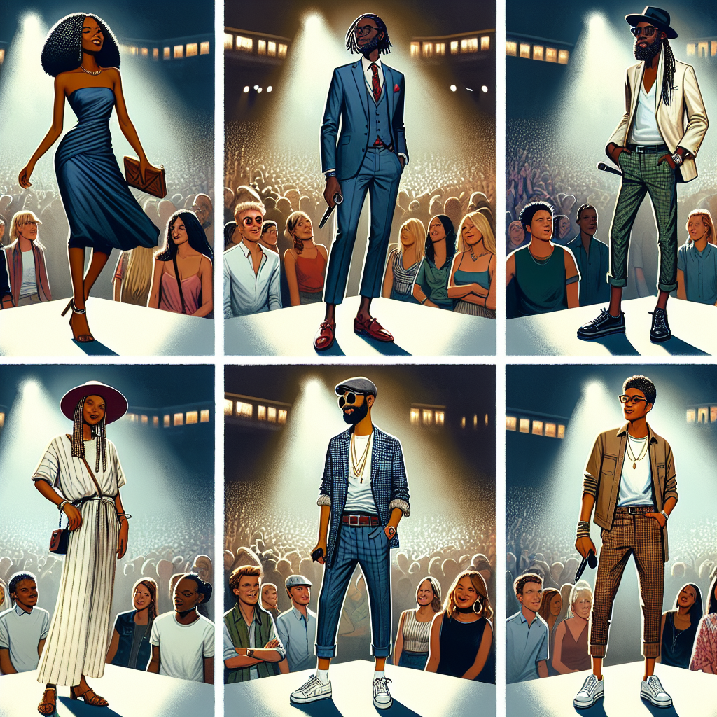 What to Wear to a Concert: Stunning, Effortless Picks Create an illustrative image depicting a concert environment. Show different racially diverse individuals (Black woman, Middle-Eastern man, Hispanic woman, White man) in effortlessly stylish outfits that stand out in the crowd. Each individual should be dressed distinctly for different music genres - like a sophisticated dress suited for a classical music concert, trendy street style wear for a hip-hop gig, a laid-back outfit for a reggae concert, and a dressy, chic look for a jazz show. These fashionable outfits should exude a sense of individuality, comfort, and effortless style. The crowd and mood lighting of the concert location should also be visible in the background.