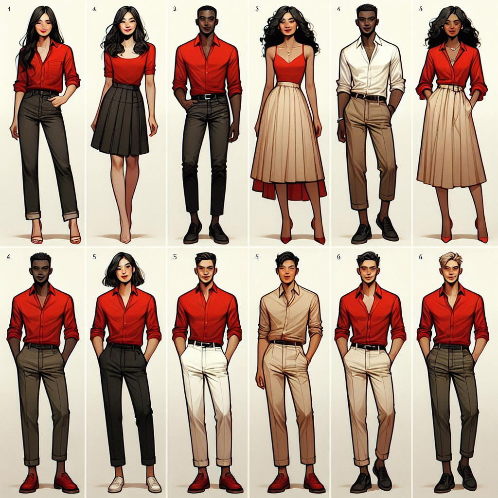 Visual guide for styling a red shirt. The image features six different outfit combinations. The first ensemble showcases a red shirt paired with chic dark denim jeans worn by a Caucasian woman. The second look, modeled by a Black man, combines a red shirt with tailored black trousers. In the third outfit, a Middle-Eastern woman is seen wearing a red shirt with an elegant beige skirt. The fourth ensemble on a Hispanic man presents a red shirt with khaki pants. For the fifth style, a South Asian woman pairs her red shirt with white capris. The sixth depicts a white man combining a red shirt with stylish olive-green chinos.