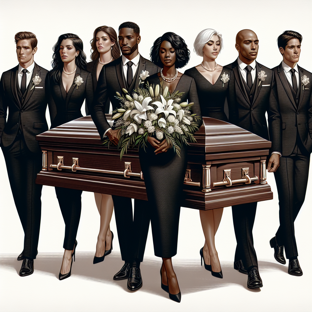 Stunning Outfits for Pallbearers: Effortless Elegance Illustrate a scene depicting six pallbearers of various descents and genders - a Caucasian man, a South Asian woman, a Black man, a Middle-Eastern woman, a Hispanic man, and a White woman - all dressed in stunning outfits exemplifying effortless elegance. They are carrying a sleek, mahogany casket decorated with a spray of white lilies. Each pallbearer's outfit could consist of well-tailored suits for the men and distinguished dresses for the women, all in respectful hues of black or charcoal grey. Their attire is enhanced by impeccable accessories - tasteful tie clips for the men and delicate pearl necklaces for the women.