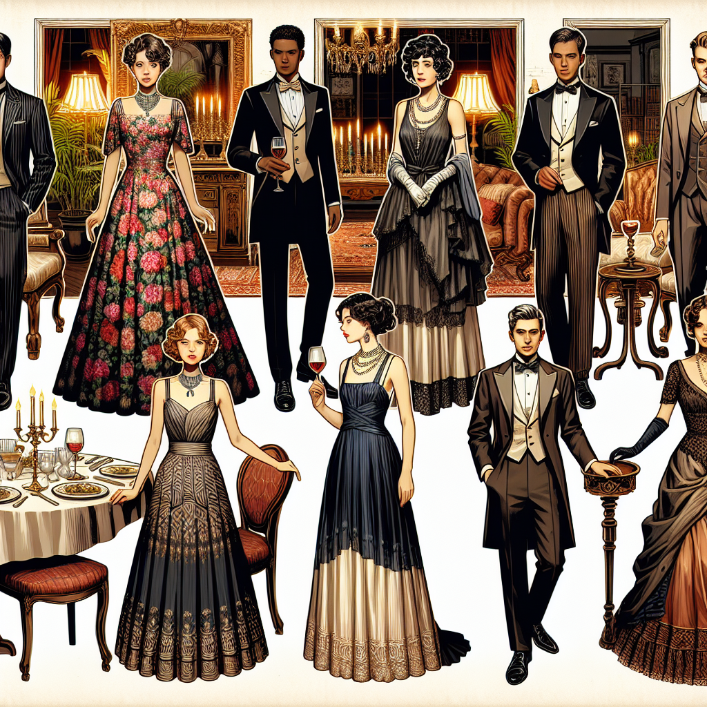 Stunning Outfits for Murder Mystery Dinners: Find Yours! Create a detailed illustration presenting a collection of stunning dinner outfits suitable for a Murder Mystery event. Show a selection of costumes for men and women of different descents including Asian, African, Caucasian, and Hispanic. The scene should include an elegant floral-patterned evening dress, a sleek black tuxedo, a vintage suit from the 1920s, and an outfit in the style of a Victorian era damsel. Also, suggest an environment that evokes the suspense and drama typically associated with murder mystery dinners, perhaps using dimmed lights, rich colors, ornate furniture, and antique decor elements.