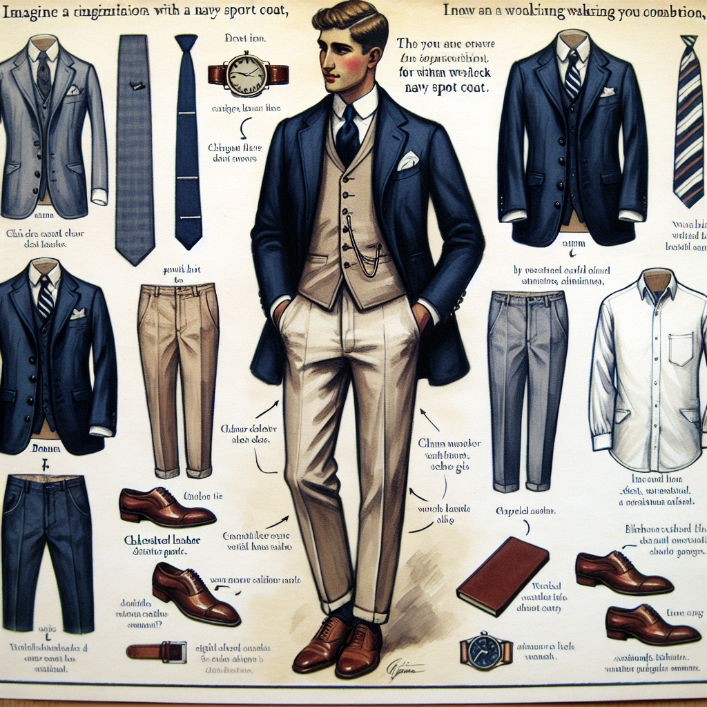 Exclusive Guide: What to Wear with a Navy Sport Coat Imagine a detailed fashion illustrative guide, showing a stylish man, possibly of Hispanic descent, donned in a navy sport coat. The man is presenting an array of combination suggestions of different attires that can be worn with the navy sport coat. These options include, but are not limited to, light-colored chinos, denim, white shirt, striped tie, chestnut leather shoes and accessories like a pocket square and wrist watch. The whole setup is tastefully arranged with captions and labels for each item, drawn in a Victorian-era art style with ink and watercolor medium.