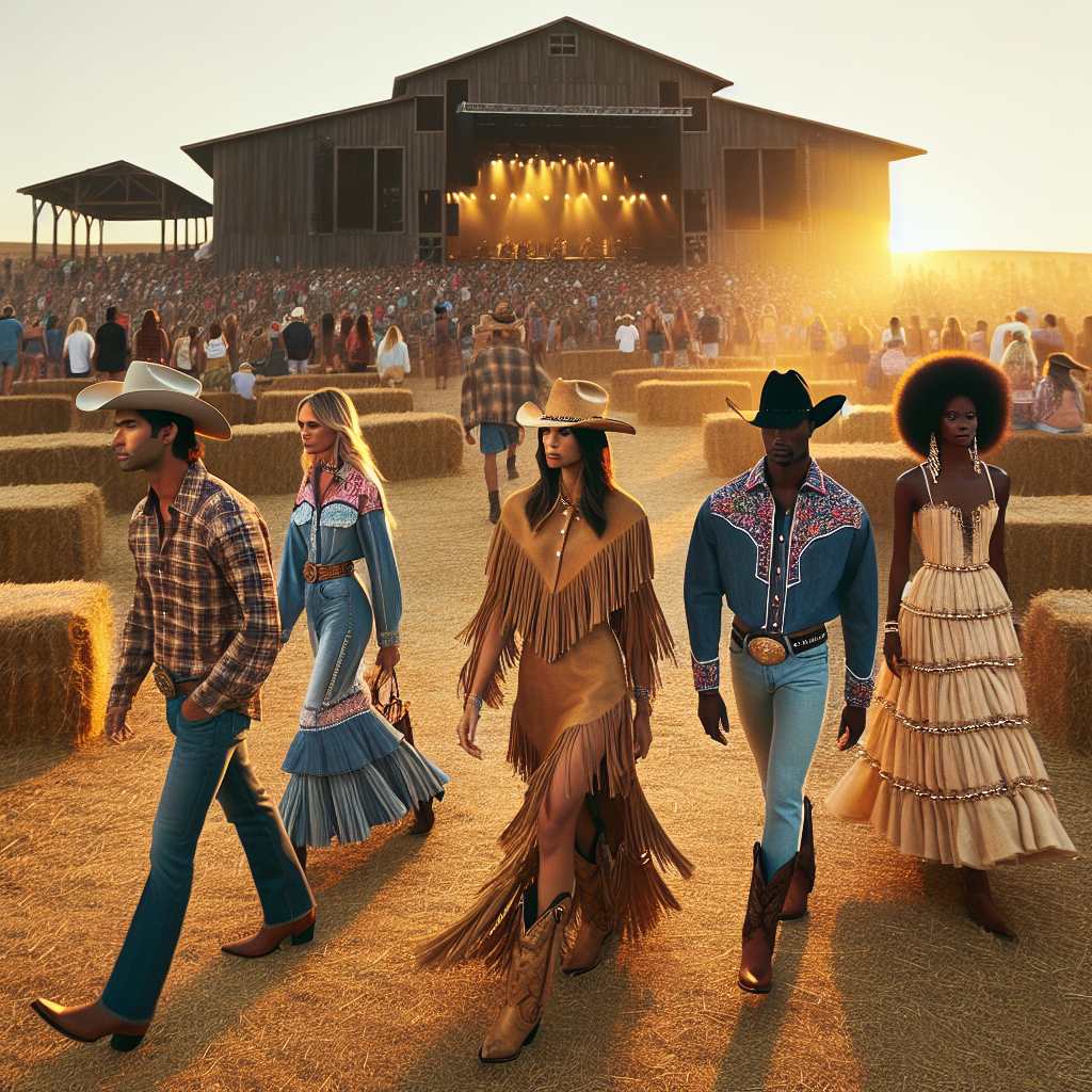 Country Concert Style: Stunning Outfits to Shine Imagine a bucolic country setting as the sun starts to set. The golden light reflects off the hay bales as lines of excited people of diverse descents dressed in striking outfits make their way toward a large rustic stage. A South Asian woman is in a stylish fringe denim jacket paired with cowboy boots, a Hispanic man dons a plaid shirt teamed up a rugged cowboy hat, and a black woman is in a flowing sundress adorned with beadwork. Each display their different interpretations of iconic country concert fashion, their exploratory style choices making them stunning and memorable.