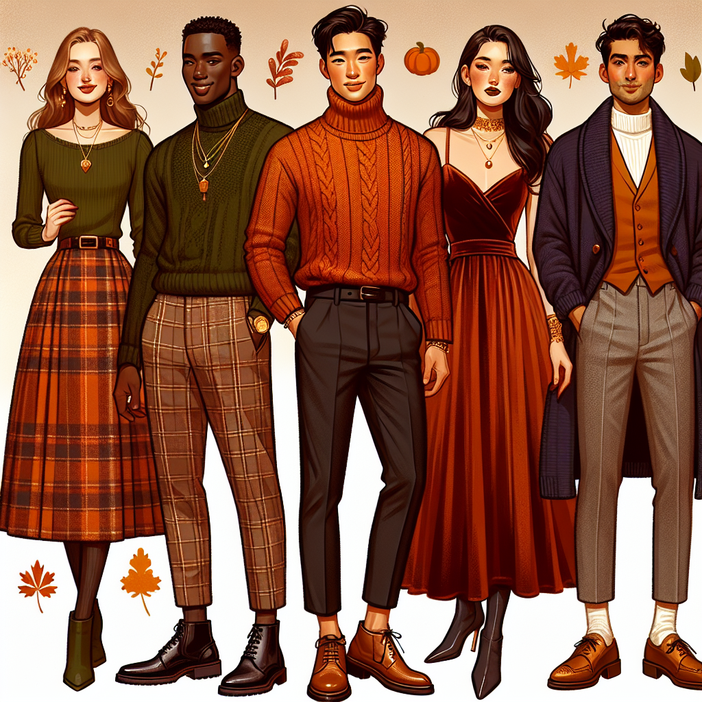 Friendsgiving Style Guide: Must-Have Looks for You Imagine a concept illustration for a 'Friendsgiving Style Guide.' It showcases must-have looks suitable for men and women. A Caucasian woman wearing a stylish olive green sweater paired with a knee-length orange plaid skirt, and stylish ankle boots. A Black man looking dapper in a warm, burnt orange turtle neck sweater, black trousers, and brown leather shoes. A South Asian woman in a maroon velvet dress accented with gold jewelry, and a Middle-Eastern man wearing a navy blue cardigan over a white shirt, charcoal grey chinos, and loafers. They all are in a Festive background with Autumn hues.
