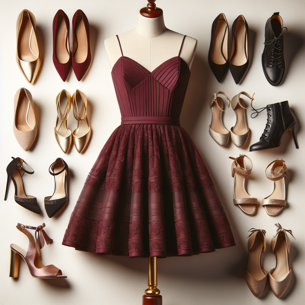 Must-Have Shoes for Burgundy Dresses: Top Picks A stylishly set scene of a burgundy dress elegantly placed on a dress form. Beside it, display an array of different types of must-have shoes, ranging from high-heeled sandals to classy flats and trendy ankle boots. The shoes show a variety of colors that complement the burgundy dress, including gold, silver, and black. Make sure to capture the variety and appeal of these shoes, with each of them being a top pick for pairing with a burgundy dress.