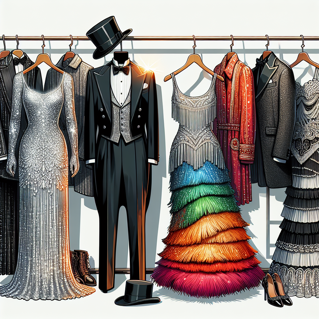 Stunning Broadway Outfits: Find Your Perfect Look Imagine an array of glamorous Broadway-styled outfits. On one side, visualize a sparkling sequin gown, its silver hues shimmering under the spotlight. Next to it, picture a suave black tuxedo with a towering top hat, showcasing a classic look. On another rack, lies a vivacious, vibrant flapper dress from the 1920s Jazz Age, adorned with fringed embellishments. Lastly, imagine a dramatic Elizabethan dress, its wide silhouette replete with ruffles and intricate embroidery. Each piece is distinct, encapsulating the unique charm and splendour of Broadway. Find your perfect look in this captivating ensemble of outfits.