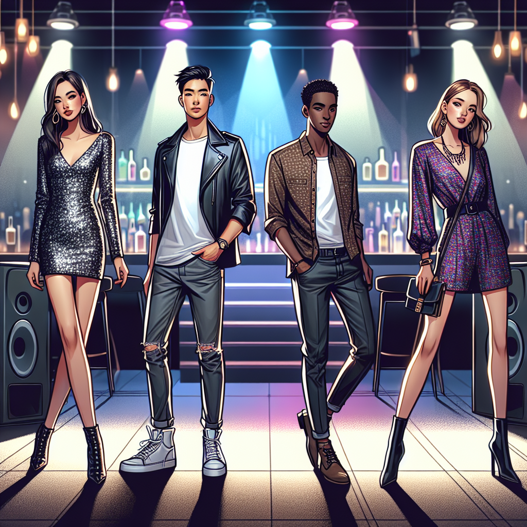 What to Wear to a Club: Stunning, Effortless Outfits Illustrate a scene at a modern, urban night club. The spotlight is on four individuals showcasing different perspective on club attire. A female of Latin descent should be wearing a shimmering mini dress paired with black heels. An Asian male seen in a black leather jacket, plain white tee, skinny jeans, and ankle boots. An African American woman is in a sleek jumpsuit accessorized with bold, statement jewelry. A Caucasian male stays comfortable yet stylish in a patterned shirt and dark chinos. Background filled with dim, color-changing lights and large speakers.