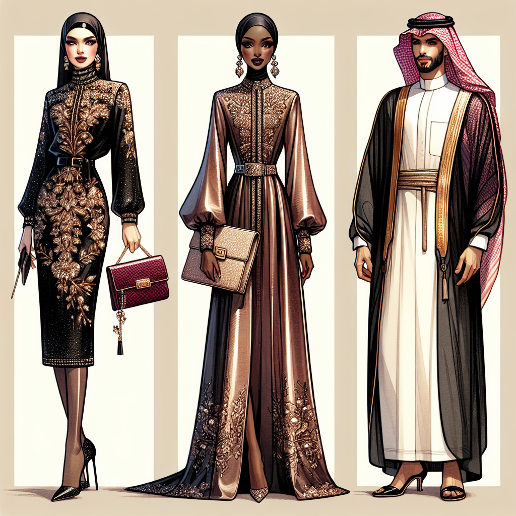 Stunning Outfits for Saudi Arabia: Effortless Elegance A collage of fashion illustrations showcasing stylish and elegant outfits designed for Saudi Arabia. The first illustration depicts a South Asian woman wearing an embellished abaya with intricate embroidery, accessorizing with a statement clutch and stiletto heels. The second illustration features a Black woman draped in a satin bisht over a silk jalabiya, adorned with fine jeweled accessories. Lastly, a Middle-Eastern man proudly wears a traditional thobe accented with a gold pattern, coupled with a crimson shemagh headscarf tied neatly around his updo.