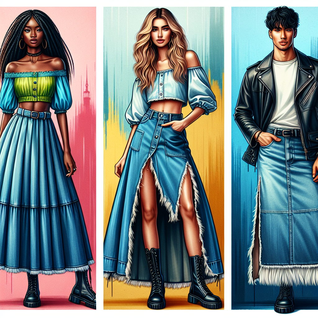 Stunning Outfits: Best Styles with Long Denim Skirts A fashion-themed collage, composed of three models showcasing their best styles featuring long denim skirts. The first model, a black woman with braided hair, is wearing a long blue denim skirt paired with a fluorescent off-shoulder top. The second model, a Caucasian woman with wavy blonde locks, showcases her style with a long frayed-edge denim skirt and a white button-up cotton shirt. The final model, an Asian man with a sleek hairstyle, is confidently sporting a long denim skirt with a high slit, worn with a black leather jacket and combat boots. Show the models against a vibrant cityscape backdrop.