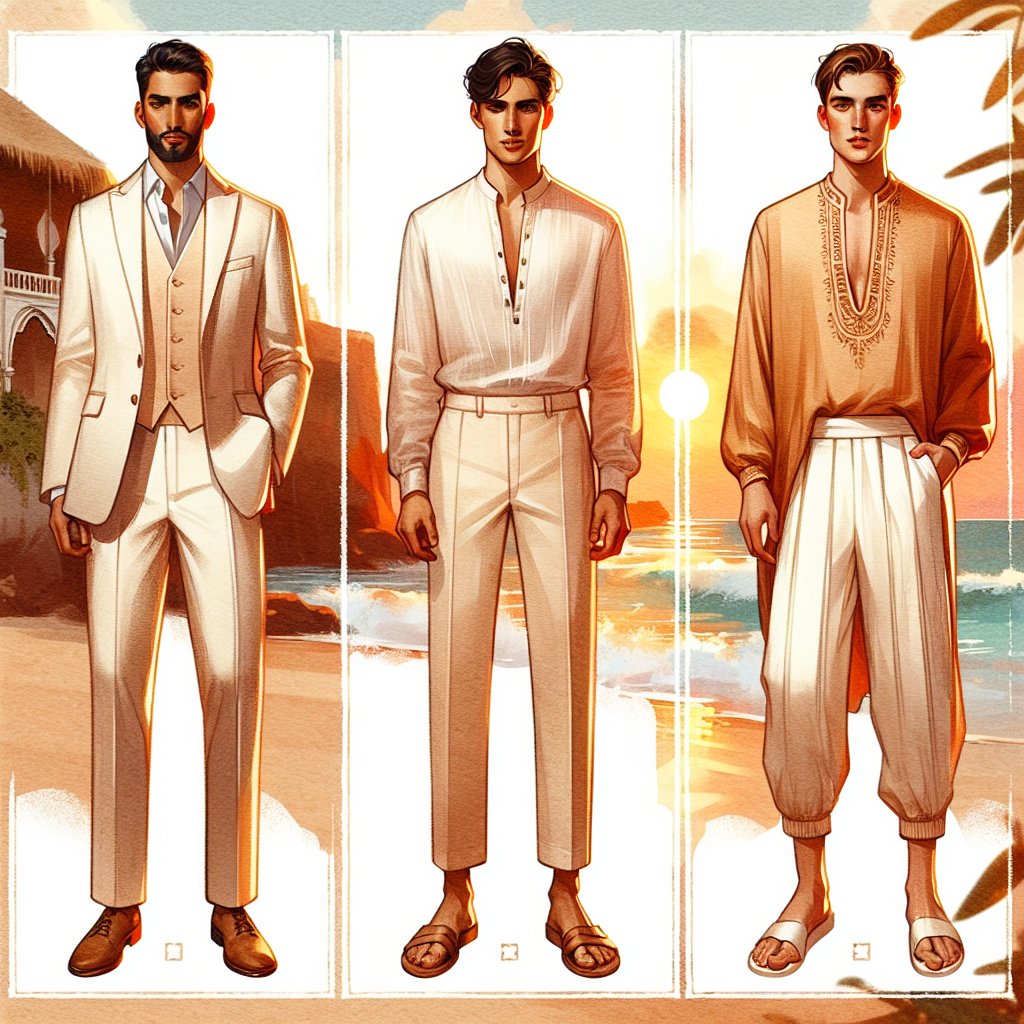 Stunning Beach Wedding Outfits for Men: Effortless Style An image illustrating a stunning beach wedding scene focused on men's outfits. There should be at least three men of diverse descents such as Hispanic, Middle-Eastern, and Asian, wearing stylish and unconventional wedding ensembles suitable for a beach occasion. The first man could be wearing a stylish white linen suit, the second a soft silk mandarin-collared shirt with beige trousers, and the third dressed in a loose champagne-colored tunic with white cotton slacks. The beach should have a vibrant sunset in the background, gently illuminating the figures and the scene with golden hues, emphasizing the tranquil and romantic atmosphere of the event.