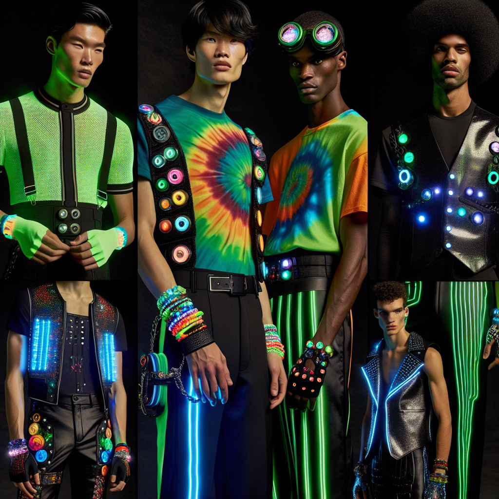 Stunning Rave Outfits for Guys: Unleash Your Style! A vibrant fashion scene showcasing various rave-wear for men. In the left corner, an Asian man donned in neon green, futuristic attire with LED lights adorning his outfit. Towards the middle, a Caucasian man sporting a vibrant tie-dye t-shirt and sleek black pants, his wrists adorned with glowing bracelets. On the right, an Afro-Caribbean man wearing a shiny silver vest along with black trousers with blue glow-in-the-dark stripes. Decidedly eclectic and unique rave accessories such as eye-catching goggles, gloves, and illuminated hats dot the scene, truly mirroring the mesmerizing aura of rave culture.