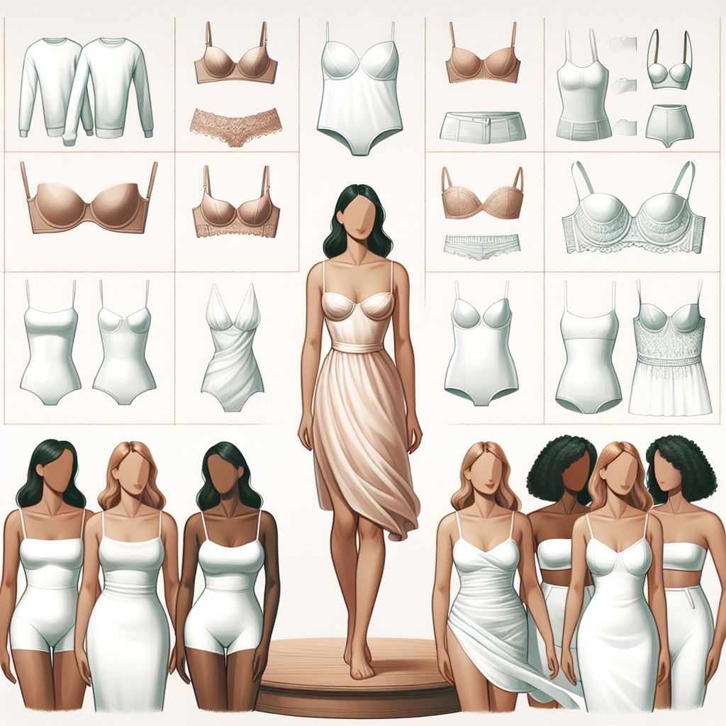 Stunning Essentials: What to Wear Under a White Dress Imagine the essential pieces that one could wear under a white dress. Picture a variety of items such as skin-toned bras, seamless undergarments, slip dresses, and strapless bras. Consider how these items look on individuals of differing genders such as a gender diverse person and a female. Additionally, imagine these items on people of different descents such as Caucasian and South Asian. These pieces are expertly designed for comfort and minimal visibility, ensuring a sleek, uninterrupted white dress appearance. The scene exudes an air of casual sophistication and elegance.