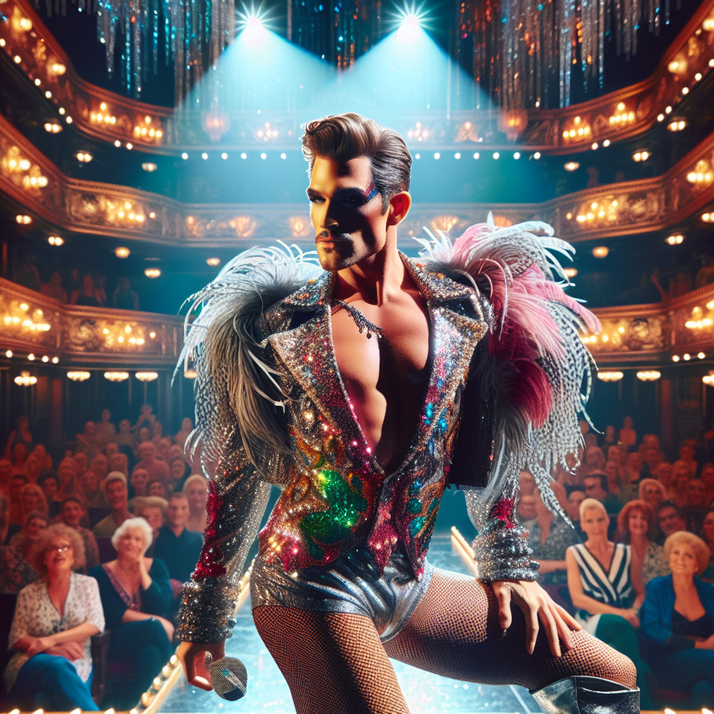 Dazzle at the Club: Stunning Guy's Broadway Looks Present a dramatic, high-energy scene at a popular Broadway theater. Feature a stunning male performer, in his sparkly, over-the-top outfit, ready to steal the show. He exudes charisma and charm, his Caucasian descent beautifully contrasted by his colorful stage makeup. The excitement in the crowd is palpable as they eagerly await his performance. The stage is alight with vibrant lighting, giving a glimpse of the glitzy backdrop. His flamboyant costume is decked with sequins and feathers, making him the epitome of grandeur. His confident stance on stage mirrors his unstoppable zest for performance.
