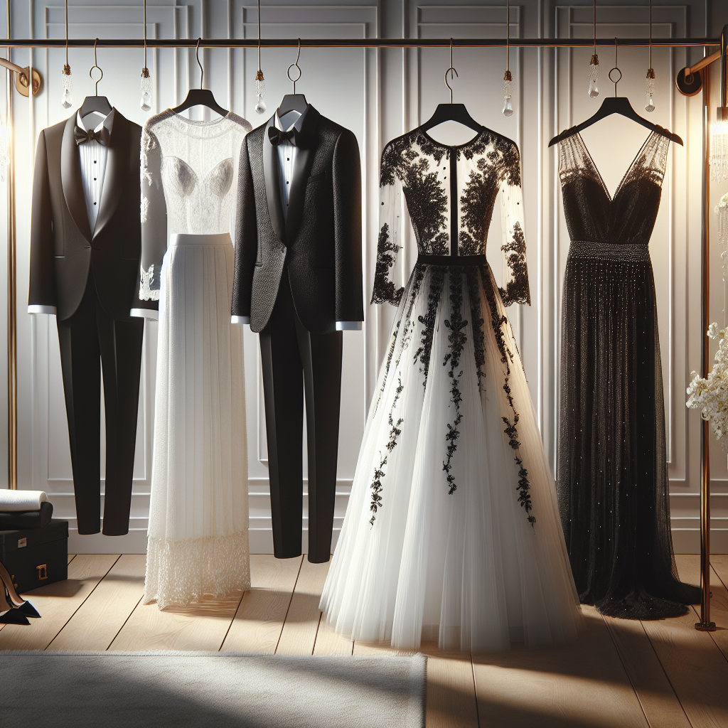 Create an image capturing a selection of gala outfits in black and white hues. The scene should portray four different outfits hanging elegantly on clothing racks. The first is a sophisticated black tuxedo with a crisp white shirt, the second is a flowy white gown with intricate black lace detailing, the third is a sharp white suit with a classic black tie, and the final one is a charming black cocktail dress with white pearls decorating it. The setting has a luxurious feel with soft light highlighting these stunning garments.