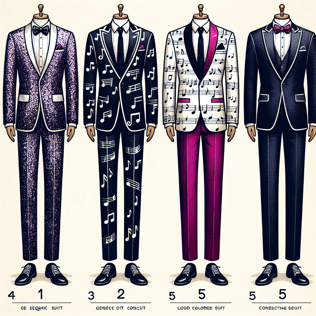 Must-Have Suits for Maddox Batson Concerts Create an image of five must-have suits appropriate for a generic music concert. Each suit should have a unique and trendy style. 1) A suit made of sequined fabric, shining under the spotlight. This black suit should be well-tailored and should have a slim fit design. 2) A white suit with a creative pattern, like musical notes or tiny guitars, printed on it. 3) A loud colored suit in fuchsia, paired with a contrasting light grey tie. 4) A deep blue velvet suit, showing the texture of the fabric. 5) A classic tuxedo, in black and white, with a subtle detail of a silver music note as a lapel pin.