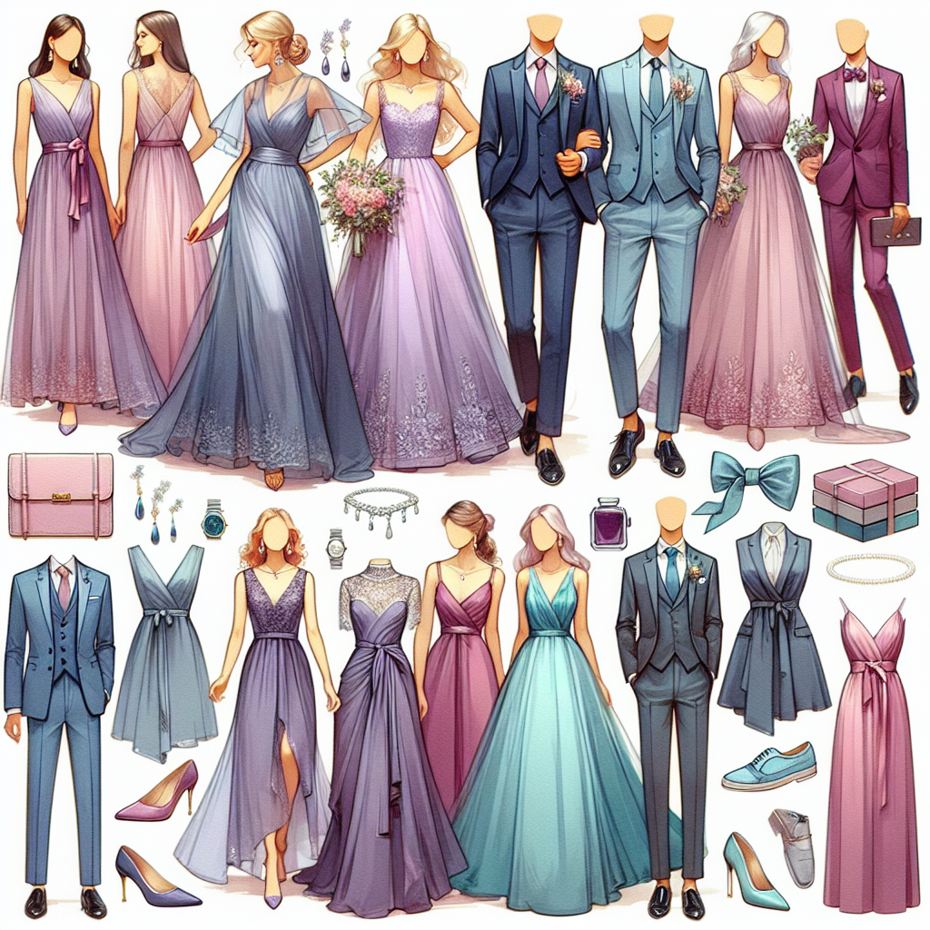 Wedding Party Style: Must-Have Outfits for You Showcasing a variety of stylish wedding party outfits suitable for bridesmaids, groomsmen, and guests. For the bridesmaids: flowing gowns in pastel hues, such as lavender purple, with elegant lace details and sparkling accessories. For the groomsmen: sharp three-piece suits in a deep navy blue, complemented by pastel-colored ties and pocket squares. For the guests: an array of dresses, jumpsuits, and suits, each piece represented in a palette of rich jewel tones like ruby red, sapphire blue, and emerald green. To complete all the ensembles, show fashionable shoes and accessories, including pearls, cufflinks, and pocket watches.