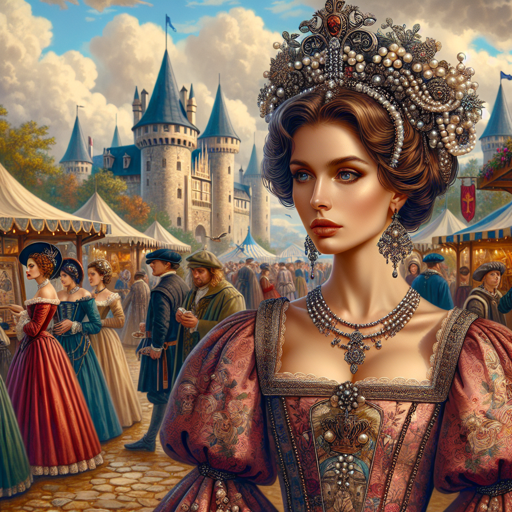 Renaissance Fair Style: Stunning, Effortless Looks for Her Illustrate a scene at a Renaissance fair, featuring a woman in stunning and effortlessly chic attire that reflects the style of that era. She is Caucasian, sporting a look crowned with a beautifully detailed headdress. The dress she is wearing is richly colored, adorned with pearls and intricate embroidery, perfectly evoking the Renaissance period. Surround her with other fair attendees, bustling activity, and medieval-style stalls to capture the vibrant atmosphere of such fairs. In the distance, there should be a castle, its turrets stretching towards the cloud-dotted sky.