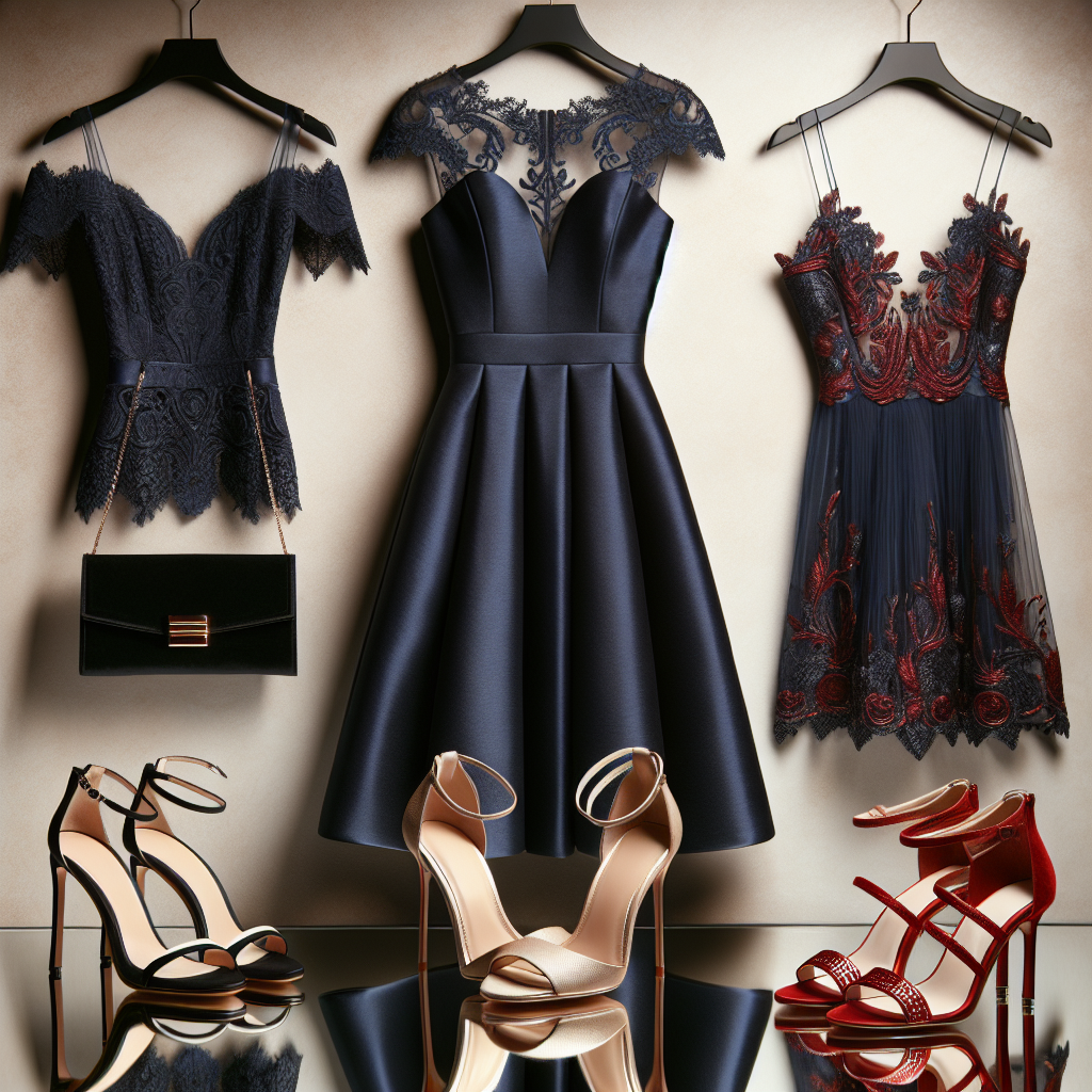Imagine an elegantly designed navy blue dress hung up against a simple neutral background. Placed right below it on a reflective glass surface, there are three sets of trendy shoes. The first pair is a striking black stilettos, the second pair features classy white peep-toe heels, and the third set is comprised of opulent red ankle strap sandals. All the shoes display distinctive designs and styles, promising a perfect blend with the navy dress for any occasion. Each pair of shoes is also beautifully accented with a matching clutch bag. These depicts the quintessential must-have shoes for a navy dress.