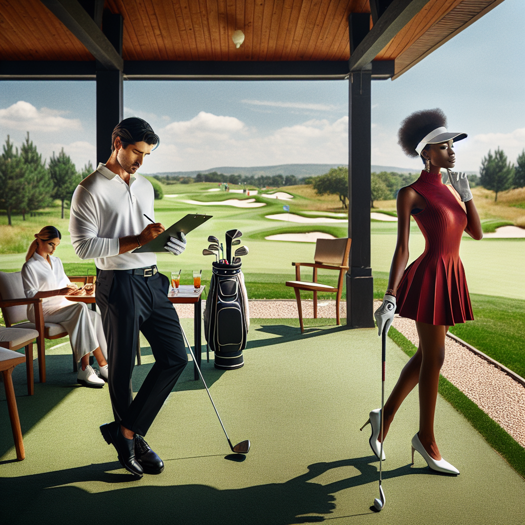 Golf Course Style: Stunning Outfits for Effortless Play An open, sunny golf course peppered with neatly manicured green fairways and vibrant sand traps. In the middle stands a South Asian man in an elegant white golf shirt, black form-fitting pants, and a matching cap, his swing midway through. A few paces away, a Black woman—stunning in a red golf dress, matching gloves, and a white visor—takes notes on her clipboard, her face lighting up with insight. In the background, a Middle-Eastern woman in the clubhouse veranda is seen going through a golf magazine, sipping on her iced tea as she enjoys her break, dressed in a pastel golf ensemble exuding ease and style.