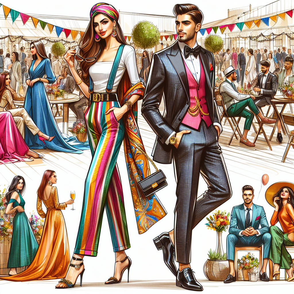 What to Wear to Celebrate Life: Exclusive & Heartfelt Styles Depict a vibrant scene showing various fashion styles for celebrating life. In the foreground, show a chic Hispanic woman in a colorful jumpsuit, high heels and a stylish headband. Beside her, portray a Middle-Eastern man in a tailored tuxedo and a classic golden pocket watch. Sketch a group of people in the background, engaged in festive activities, wearing a variety of fashionable outfits in assorted colors. Please include a display of outdoor decorations, balloons, and flowers associated with life-celebration events.