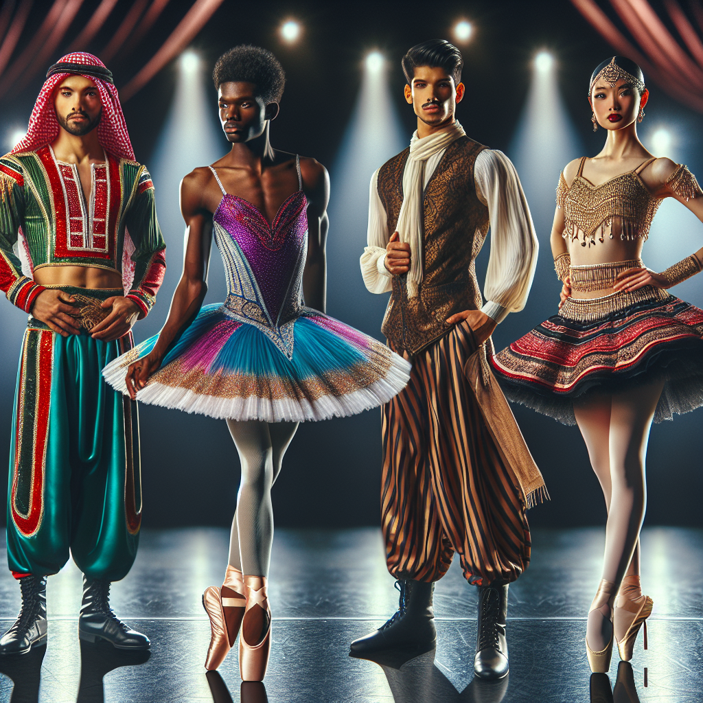 A visual showcase of diverse people wearing stunning and creative outfits suitable for dance recitals. The image should include a male Middle-Eastern dancer in a vibrantly colored traditional outfit, a female Black ballet dancer in an elegant tutu, a gender non-binary Hispanic individual in a tap-dance costume, and a South Asian woman in a beautiful Kathak dance dress. The four individuals present their outfits with confidence and flair, ready to impress. All individuals stand on a dance floor with stage lights casting dramatic shadows.