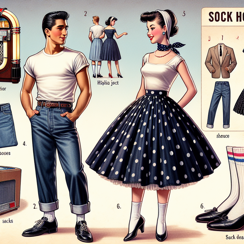 Sock Hop Style Guide: Discover Must-Have Looks Visual guide for classic sock hop fashion. Features a male and female figure showcasing typical attire. The male figure, of Hispanic descent, is donned in a white T-shirt, rolled-up blue jeans and black leather shoes, with combed-back hair. The female figure, of East Asian descent, wears a full skirt with polka dots, a tight top, a chiffon scarf around her neck, white socks, and black saddle shoes, with her hair set in a 1950s ponytail. A jukebox in the background playing popular rock ‘n’ roll music. The setting is a quintessential 1950s diner.