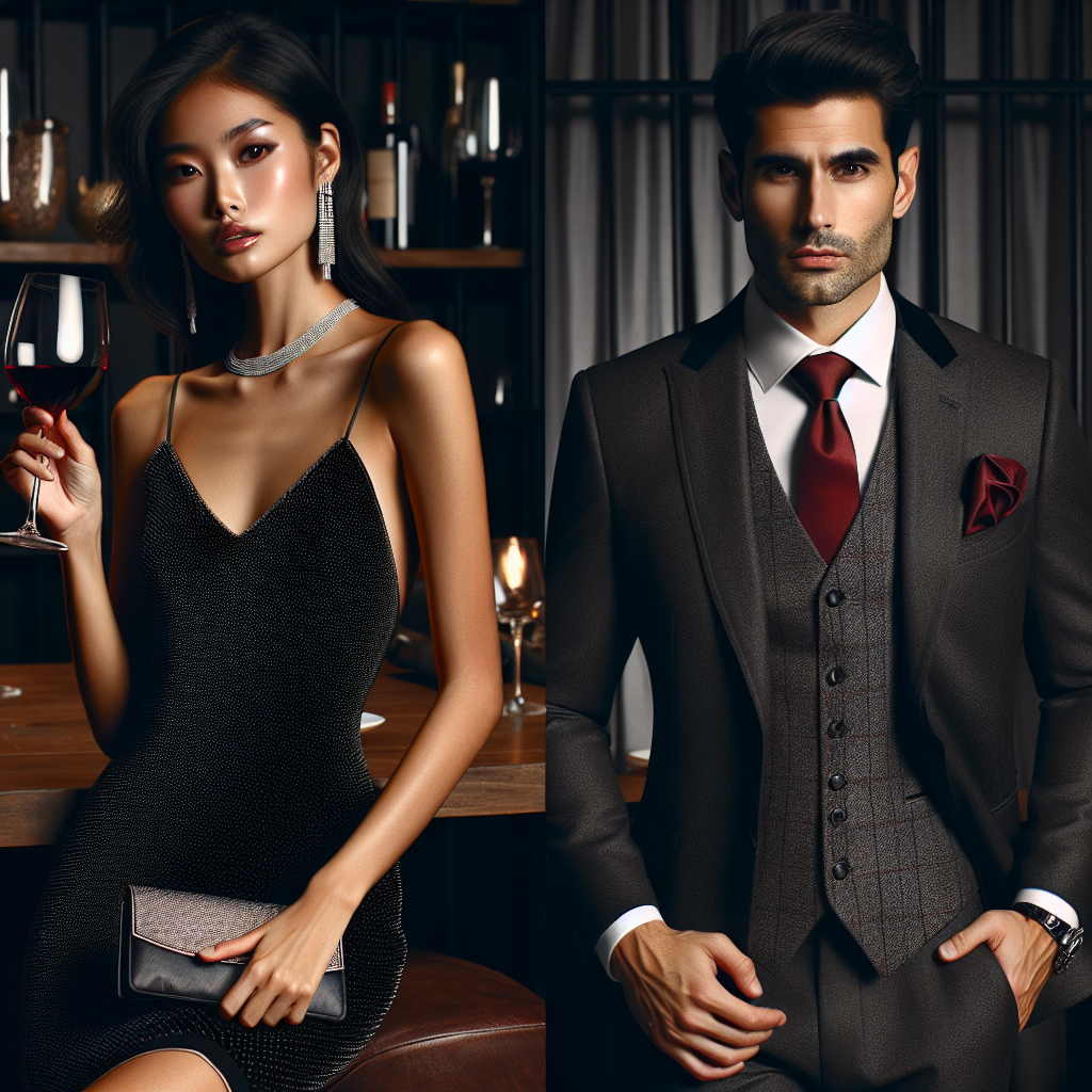 Envision a sophisticated steakhouse setting. To the left, we see an Asian woman styled in a sleek, black cocktail dress accented with diamond accessories, giving off an air of effortless elegance. She's holding a glass of red wine in one hand and a shimmering clutch in the other. To the right, a Middle-Eastern man dons a tailored charcoal gray three-piece suit with a bold red tie, demonstrating a mix of class and flair. Their outfits exuding modern sophistication, both are ready for a spectacular night at the steakhouse.