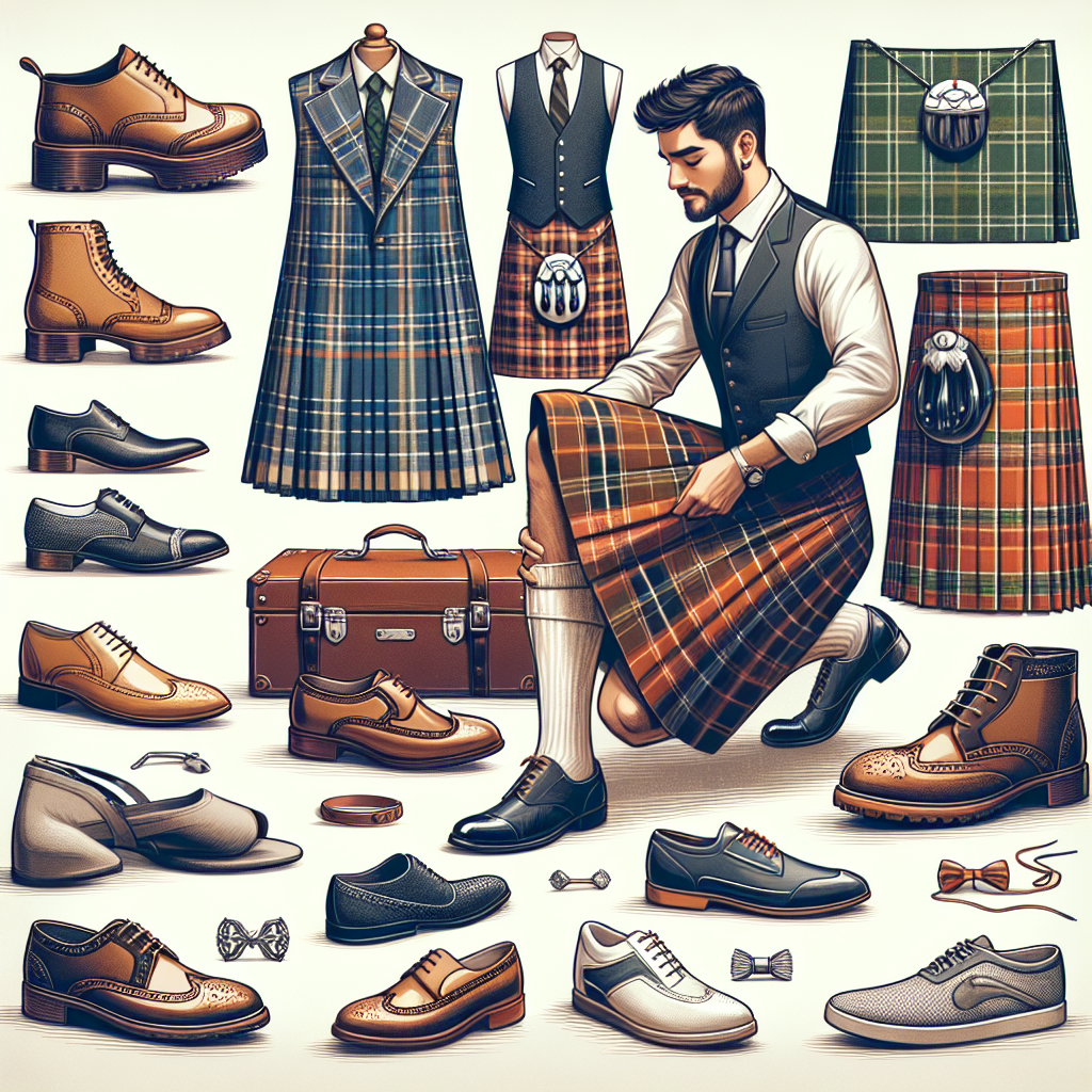 Must-Have Shoes for Kilts: Find Your Perfect Match An array of different styles of shoes displayed prominently, suitable for wearing with a traditional Scottish kilt. The shoes range from formal brogues to more casual boat shoes and sneakers. A beautiful well-tailored kilt of tartan fabric is also presented, to provide visual context. A Middle-Eastern man in professional attire is adjusting a Celtic brooch on the kilt, exemplifying the process of matching the shoes with the kilt. A Hispanic woman is neatly arranging the shoes, illustrating the variety of choices. An informative text overlay reads: 'Must-Have Shoes for Kilts: Find Your Perfect Match'.