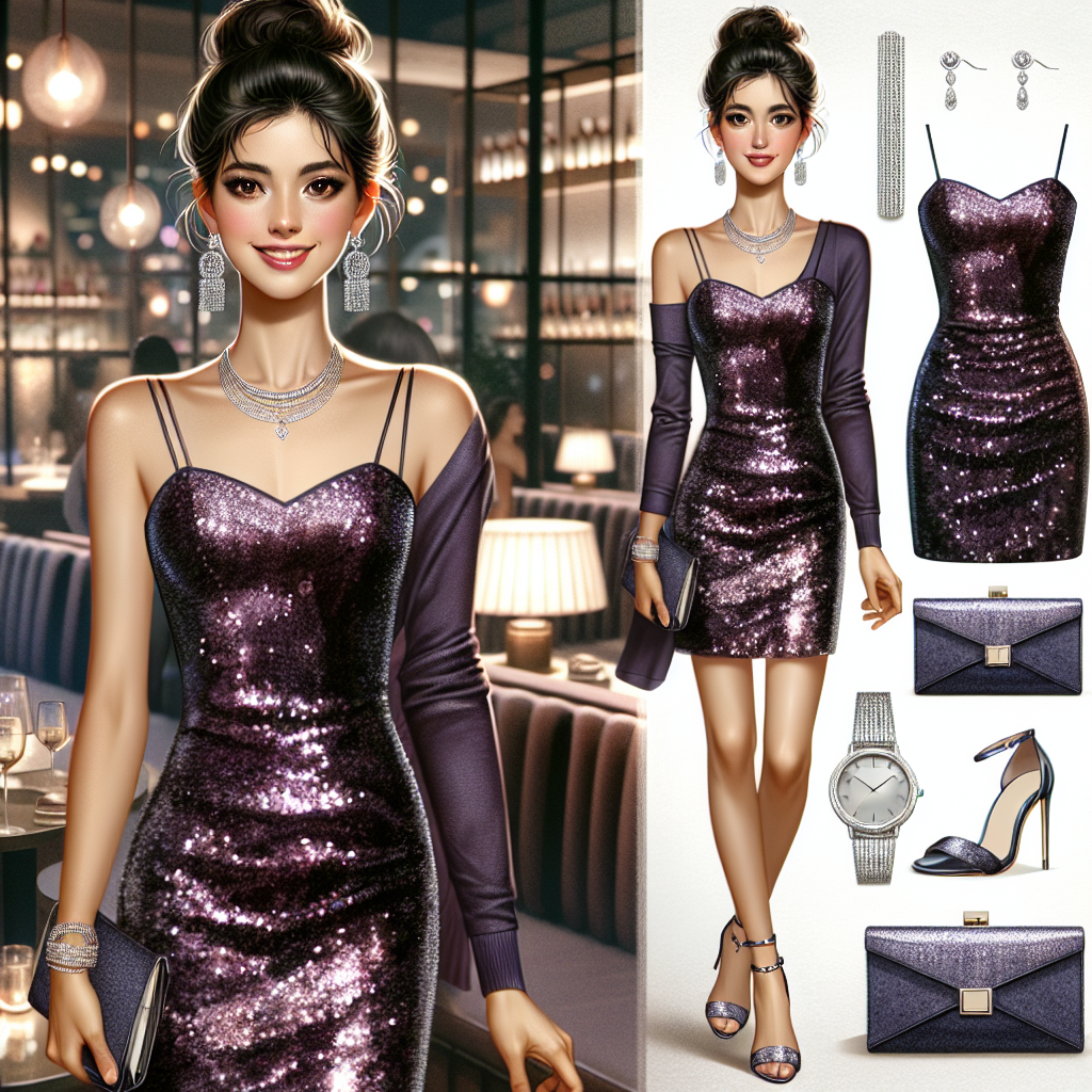 Unlock Your Best Look for a Swingers Club Night Visualize an outfit suitable for a relaxed, upscale social gathering. The character wearing the ensemble is a confident, middle-aged, South Asian woman. Her look includes a trendy, sequined cocktail dress in deep purple, paired with a stylish clutch handbag and high-heel shoes in matching silver. Complementary accessories are a statement necklace and delicate diamond earrings. She wears her dark hair in a sophisticated updo and has a bright, charming smile. The surrounding environment gives hints of a well-furnished, dimly lit club with ambient lighting and luxurious aesthetic.
