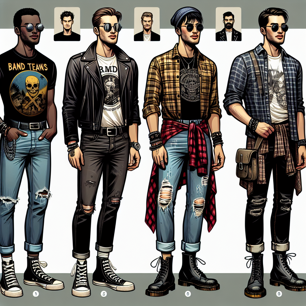 Rock Concert Style Guide: Must-Have Looks for Men An illustrative guide aimed at men, showcasing different stylish looks suitable for a rock concert. The first scenario shows an African-American man rocking a classic band t-shirt, skinny jeans, and Converse sneakers. The next look features a South Asian man in a black leather jacket, distressed denim, and high top boots. Another scene shows a Middle-Eastern man in a flannel shirt, ripped jeans, combat boots, combined with a stylish wristband. Lastly, a Caucasian man is styled in a vintage rock tee, cargo pants, and Doc Martens. Each man's outfit is complemented by their personal accessories like sunglasses, hats, or chains.
