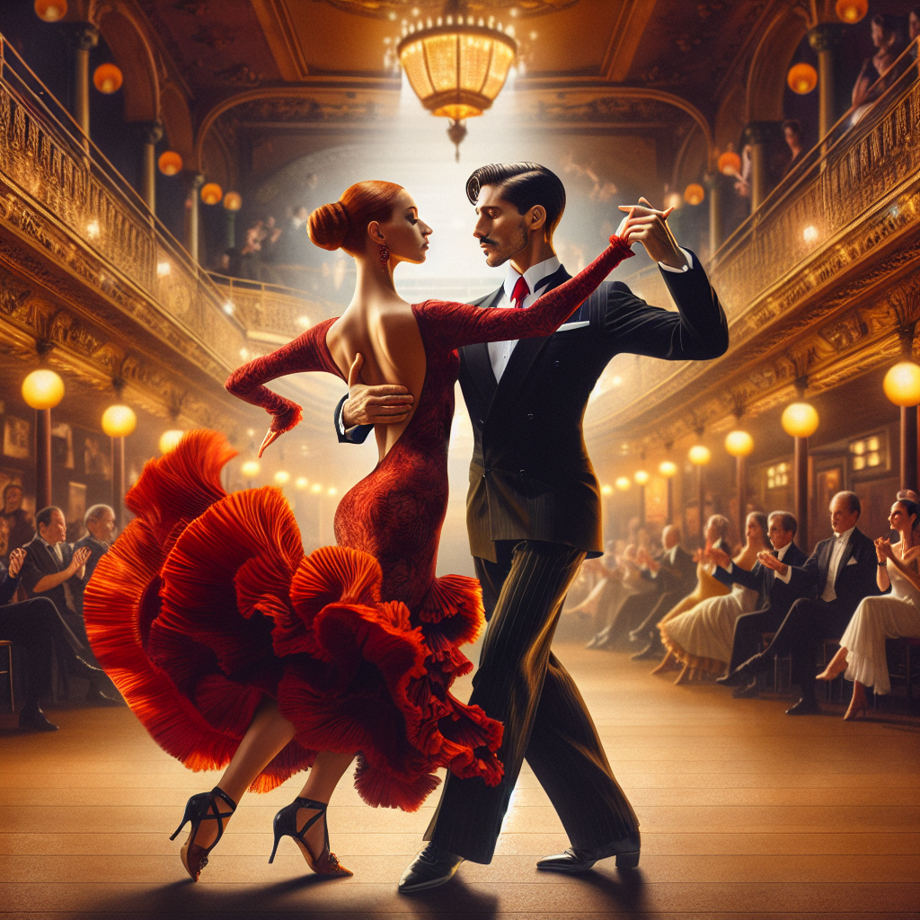 Must-Have Styles for a Buenos Aires Tango Show Create a sizzling image of two tango dancers twirling on a dance floor within the context of a Buenos Aires tango show. The lead dancer is a suave Hispanic man with slicked-back hair and wearing a well-fitted black suit, white shirt, and fiery red tie. His partner is an elegant Caucasian woman with a swaying auburn hair bun, wearing a dramatic flamenco-style red dress with ruffles that moves fluidly with her steps. The backdrop portrays an authentic Buenos Aires dance hall, with golden decorative details, a lively crowd, and soft, dim, romantic lighting.