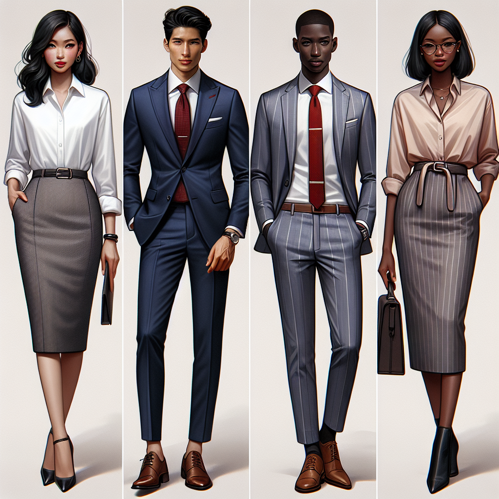 Stunning Outfits for Court: Look Confident & Professional A collection of stunning, professional outfits appropriate for a court setting. The first outfit is on a female South Asian lawyer, comprised of a crisp white blouse and grey pencil skirt with polished black heels. The second outfit is on a male Hispanic barrister, featuring a navy blue suit, red power tie, and brown leather shoes. The third is on a black court reporter, including a stylish pinstripe pant suit paired with a pastel-colored blouse and ankle boots. Each individual exudes confidence and professionalism.