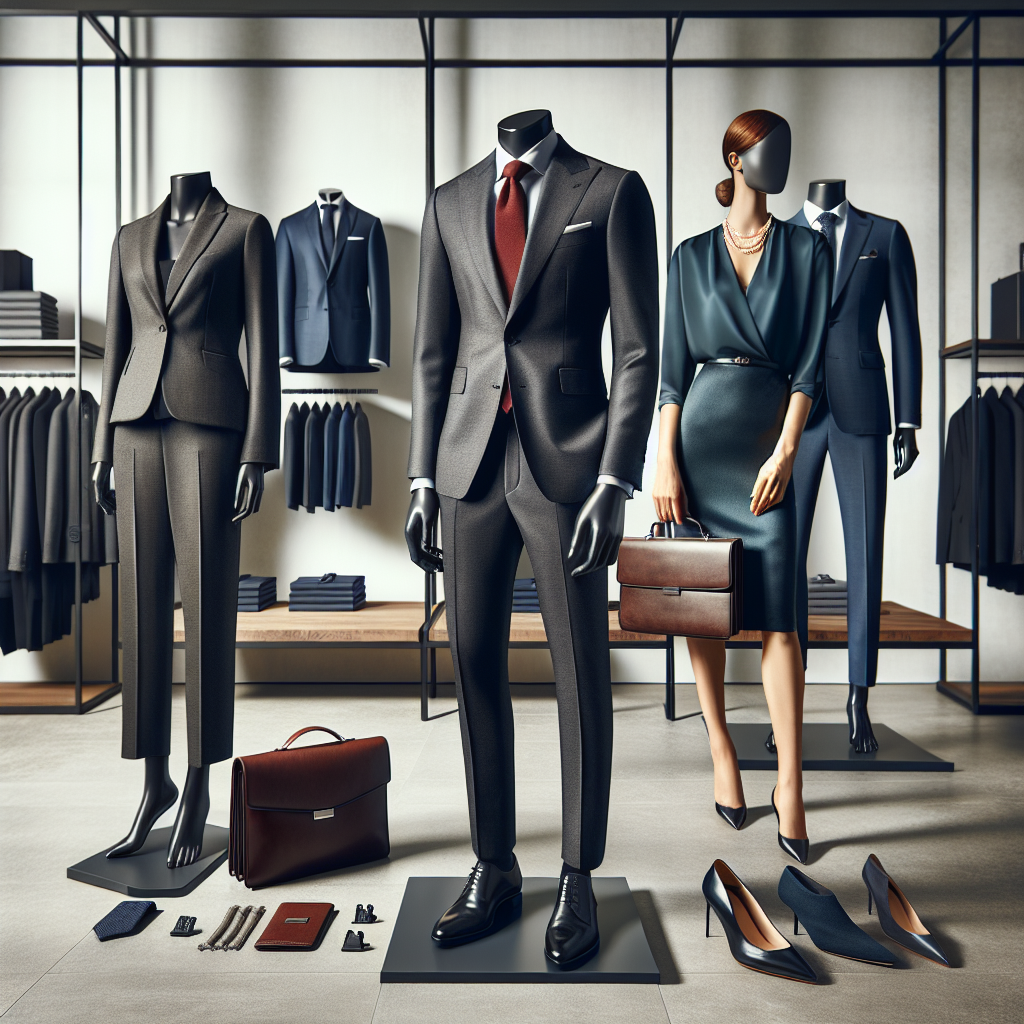 Dress to Impress: Stunning Outfits for Bank Interviews An array of professional attire displayed elegantly for a bank job interview. Picture a Caucasian woman in a sleek, tailored business suit in charcoal grey, a Black man in a crisply pressed navy-blue suit with a red tie, and a South Asian woman in a sophisticated business dress in a muted teal color. Accessories are chosen to complement each outfit - leather portfolio, cufflinks, pearl necklaces and high heel pumps. The background is a classy, minimalist retail clothing store, with neatly arranged racks of professional wear.