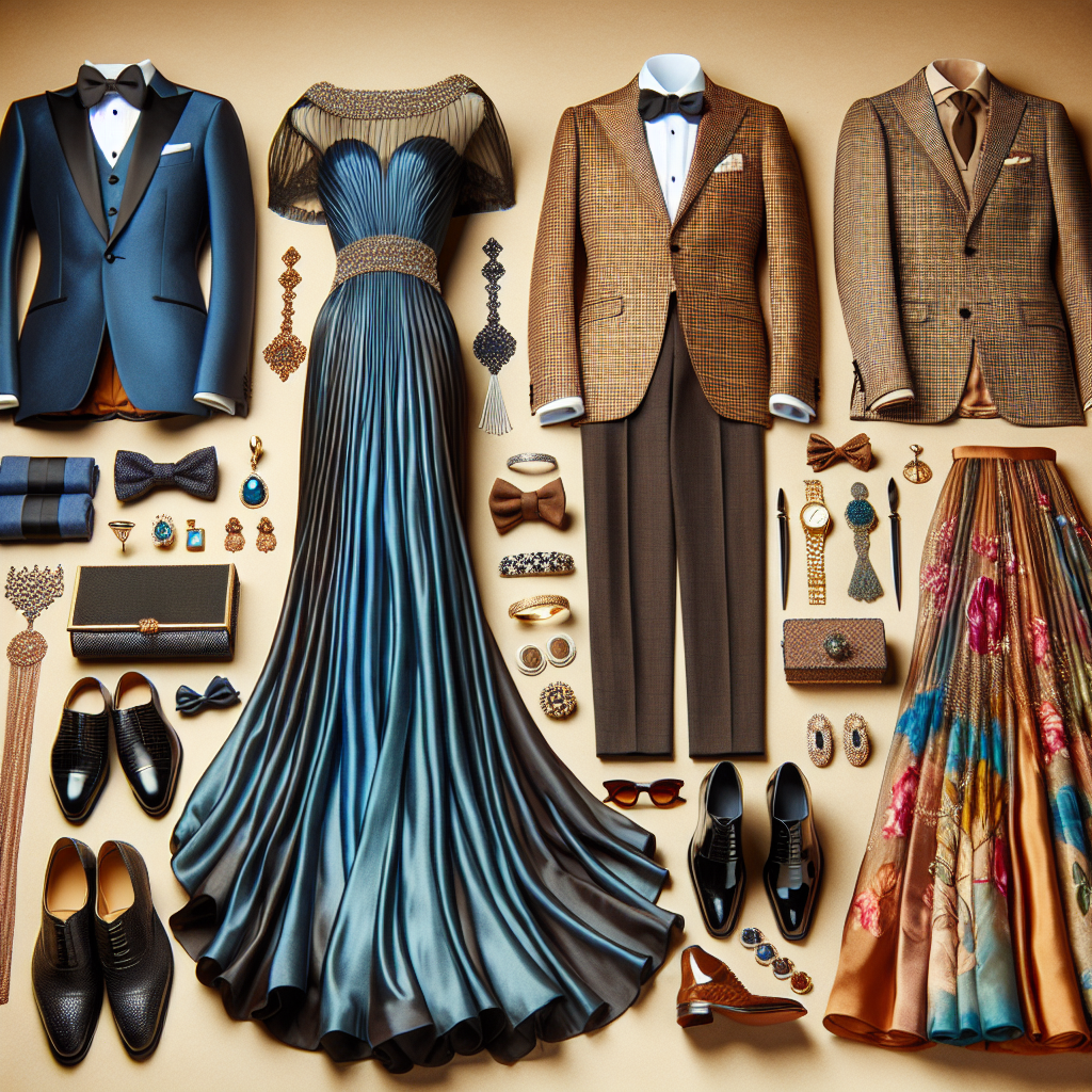 Stunning Outfits for Political Fundraisers: Find Yours! An array of elegant and fashionable attire suitable for formal fundraising events. This includes a beautiful black tuxedo, a stunning silk blue evening dress with a long flowing train, a three-piece checkered suit in earthy tones, and a vibrant floral-patterned cocktail dress. There is also an array of accessories such as tie clips, cufflinks, tasteful jewelry pieces, clutches, and polished shoes laid out complementing each outfit. The overall setting should embody an atmosphere of sophistication and elegance, perfect for high-profile fundraising events.