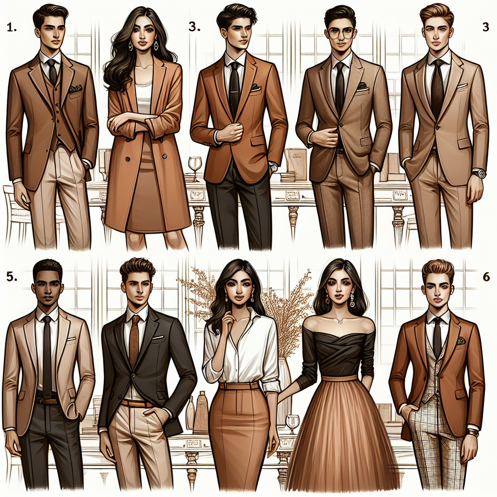 Must-Have Looks for a Brown Jacket at Formal Restaurants A fashionable display of six individual must-have looks for a brown jacket at formal restaurants. The first look should have a Caucasian man wearing a tailored brown jacket with a white shirt and black tie. The second look features an Hispanic woman pairing a brown jacket with a knee-length pencil skirt. The third display should have a Middle-Eastern man in a brown jacket and chinos for a semi-formal approach. The fourth setting portrays a Black woman in a brown jacket and elegant evening dress. The fifth and sixth looks should involve a South Asian man and a White woman respectively, with their unique combinations by blending the brown jacket with their formal wear.